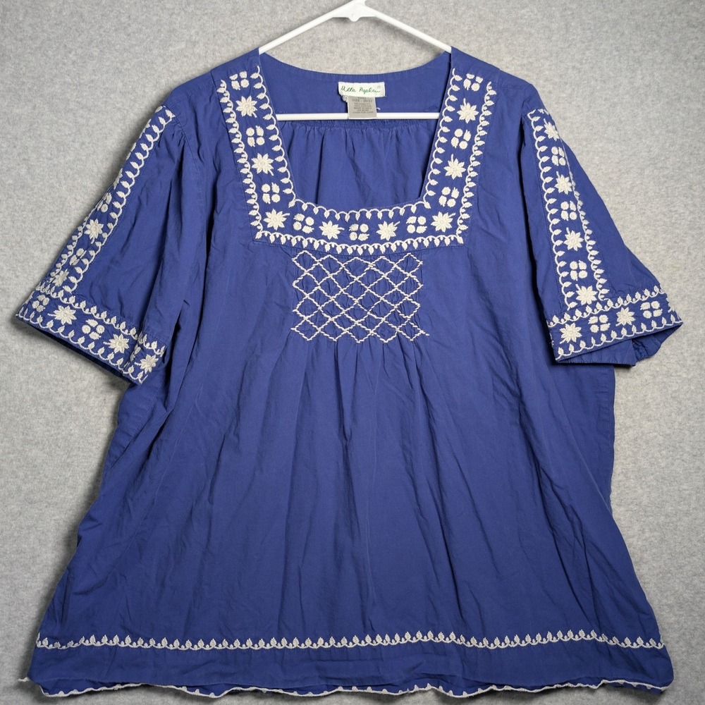 Ulla Popken Blouse Size 20/22 Blue Cotton Embroidered Square Neck Boho Vacation